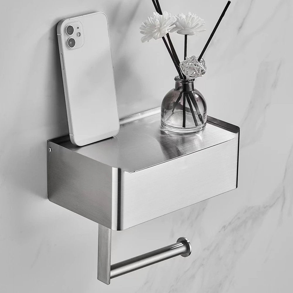 Tissue Box | Stainless Steel Toilet Paper Holder | 2-in-1 Holder with Shelf | SteelShelf