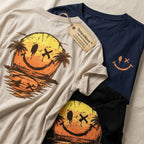 SolaraWave™ – Retro Sunset Smiley Graphic Tee with Front & Back Print