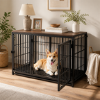 Dog Crate | End Table with Wood Top | Removable Slide Tray & 3 Doors | Space-Saving
