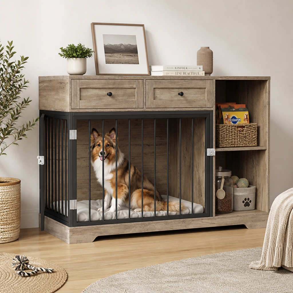 Dog Crate Furniture | Convertible Sideboard | Wood & Metal Frame, Storage Drawers | 120×60×87 cm