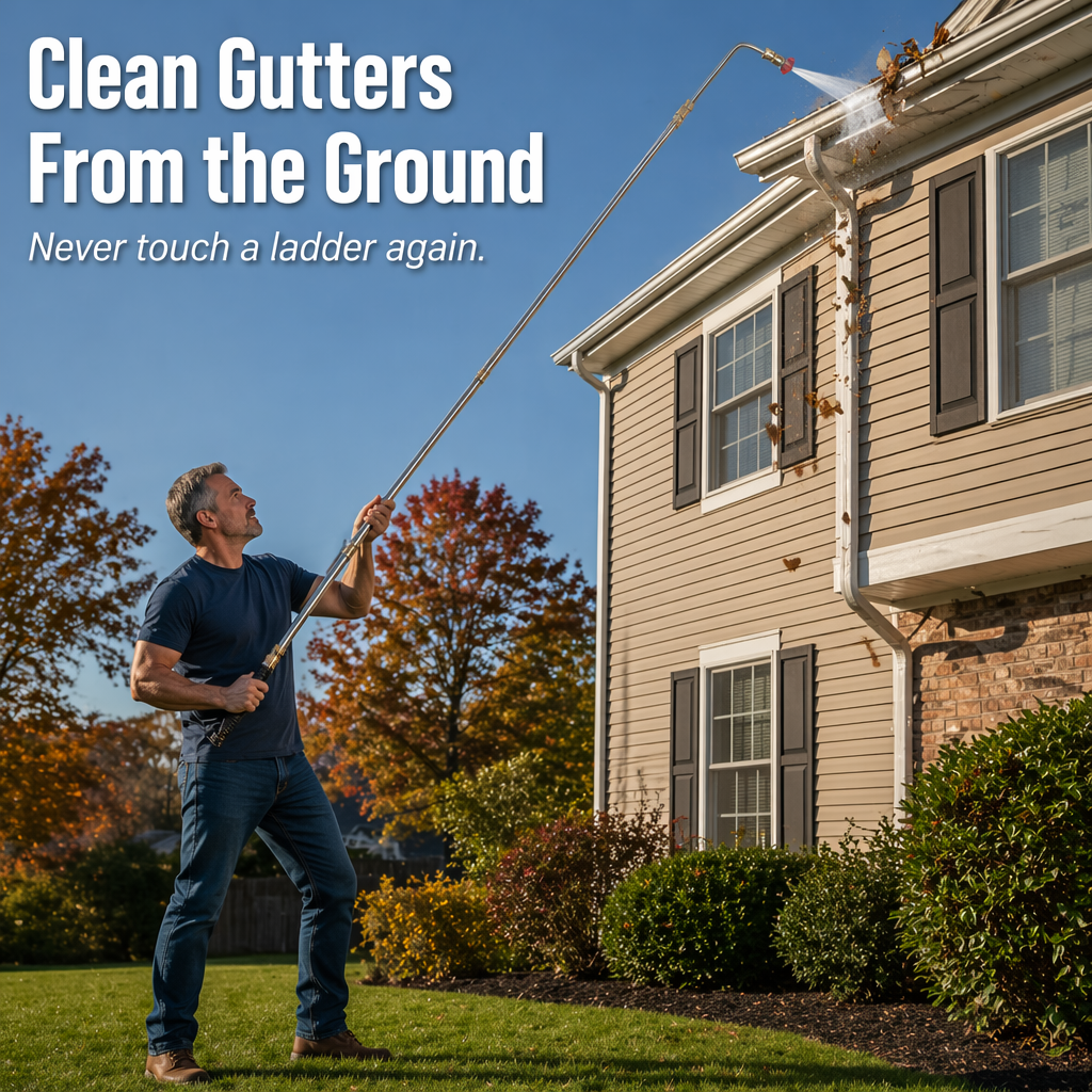 SkySweep™ — Power Through Gutters, Siding & Upper-Level Dirt Without Ladder Climbing