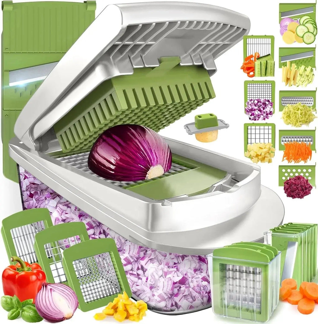 Vegetable Cutter | Dicing, Chopping and Grating | Collection Container & Safety Holder | VegiCut