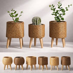 Flowerpot with Wooden Feet | Woven Basket Pattern | For Indoor & Outdoor Use | Plantara