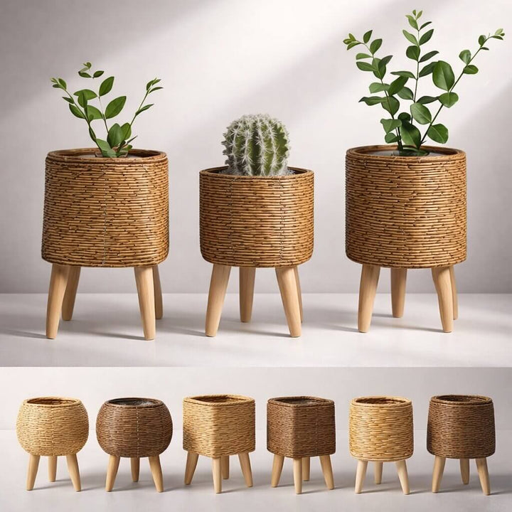 Flowerpot with Wooden Feet | Woven Basket Pattern | For Indoor & Outdoor Use | Plantara
