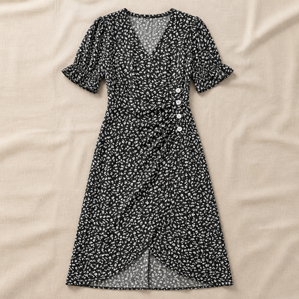 SeraphineAura™ – Ditsy Floral Wrap Midi Dress with Ruched Tulip Hem