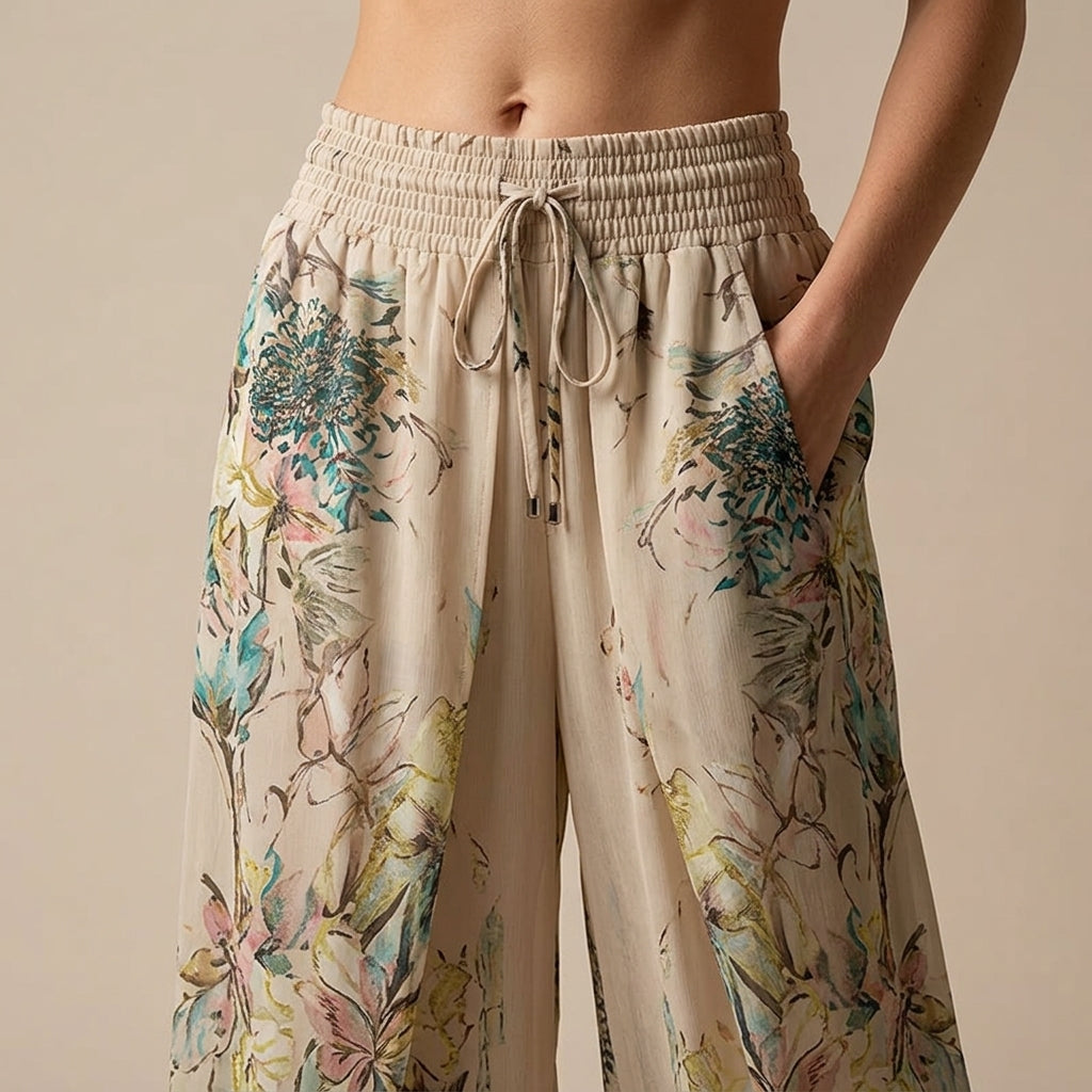VeloraEase™ – Breezy Printed Wide-Leg Pants with Petal-Wrap Hem