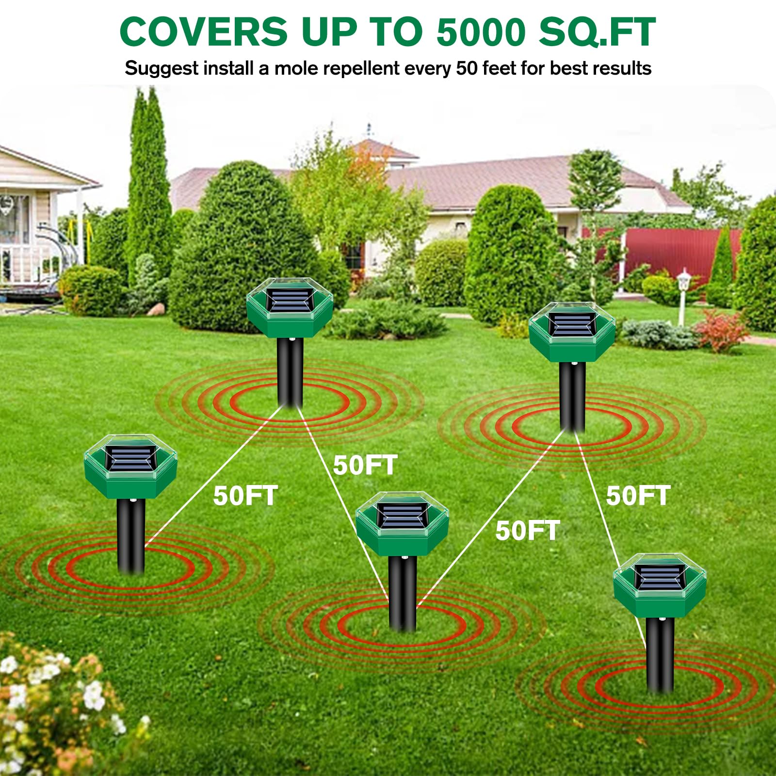 Mole Repellent 4-Pack | Weatherproof and Solar Powered | Simple Installation | MoleSilent