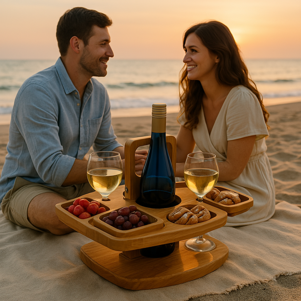 Wine Table Wooden Foldable | Snack Sections | Glass and Bottle Holders | Tray Table