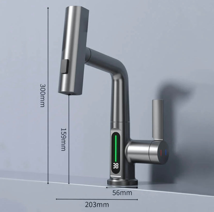Pull-out Faucet 360° Rotation | LED Temp Display | 5 Spray Settings | Flowsense