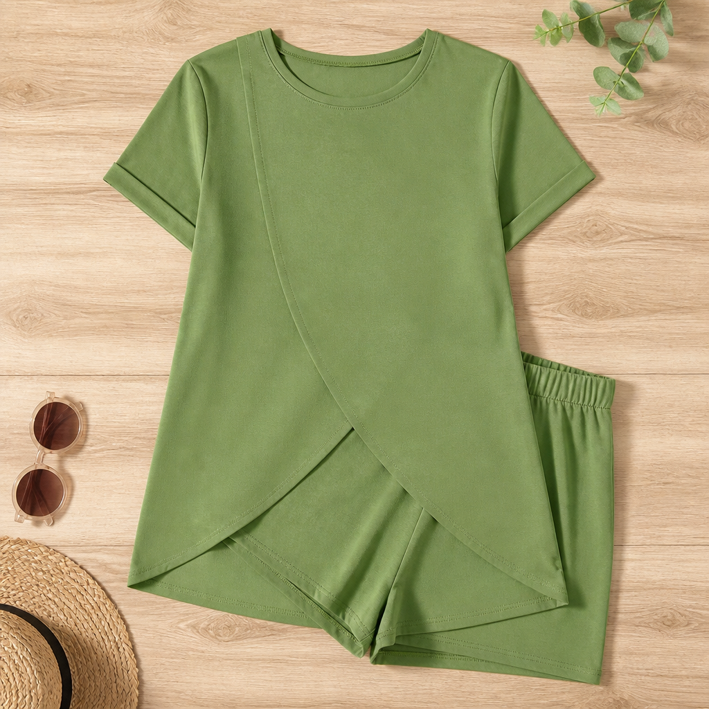 SolaraEase™ – Relaxed Tulip-Hem Top & Shorts Summer Set