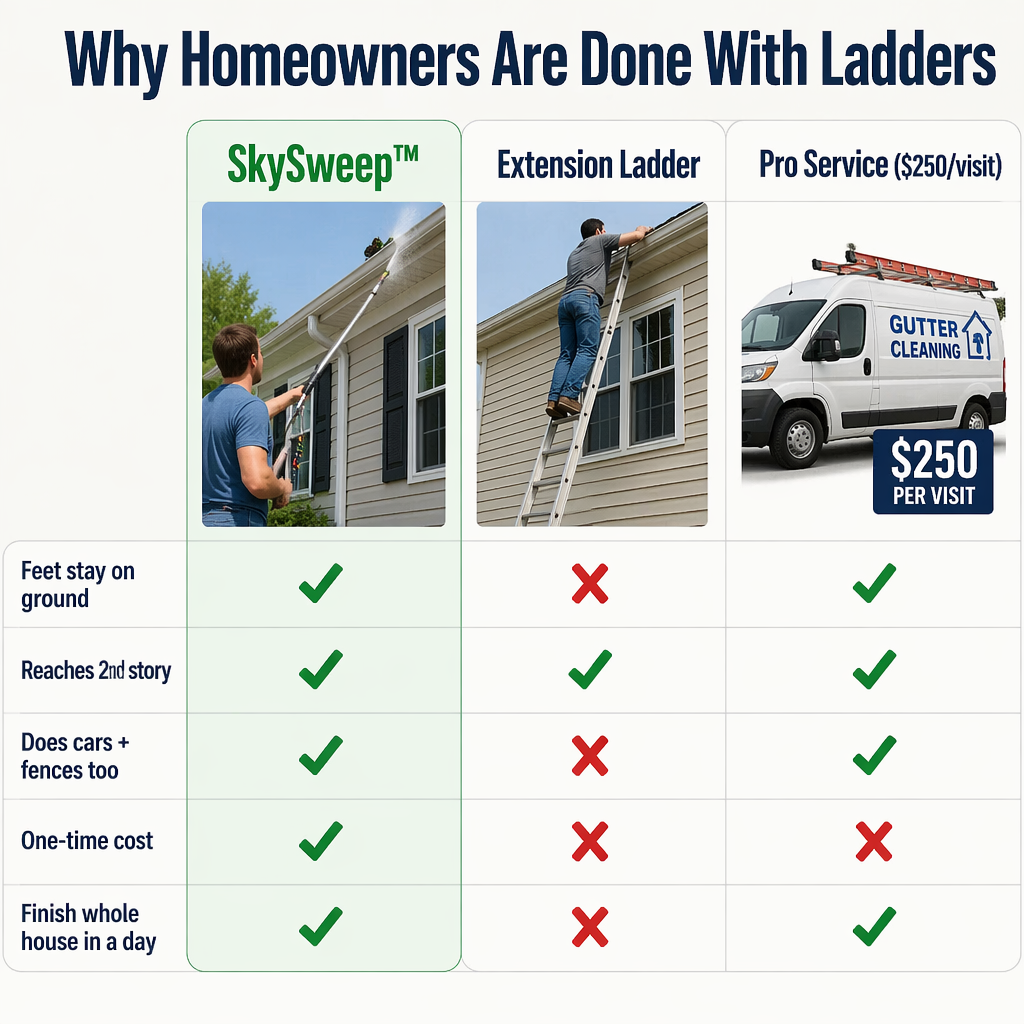 SkySweep™ — Power Through Gutters, Siding & Upper-Level Dirt Without Ladder Climbing