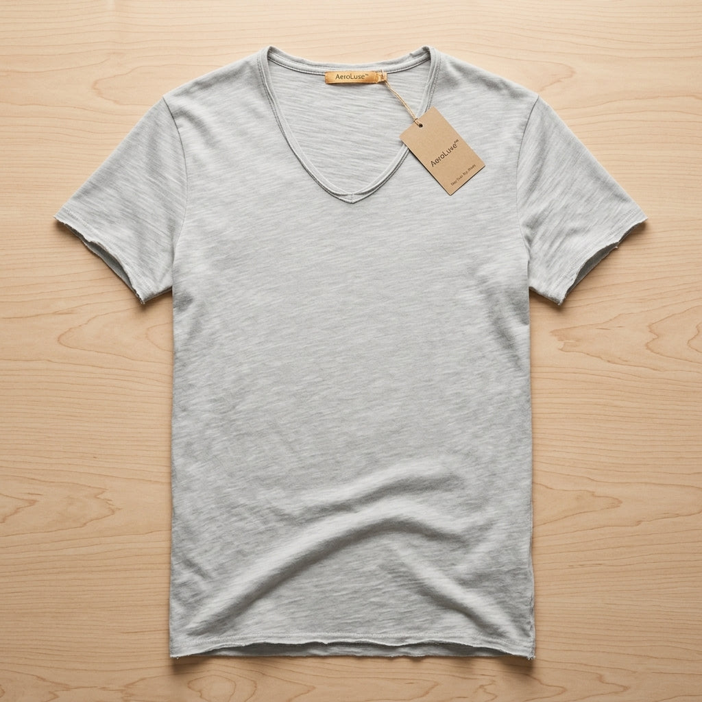 AeroLuxe™ – Lightweight Slub Cotton V-Neck Tee with Raw-Edge Trim