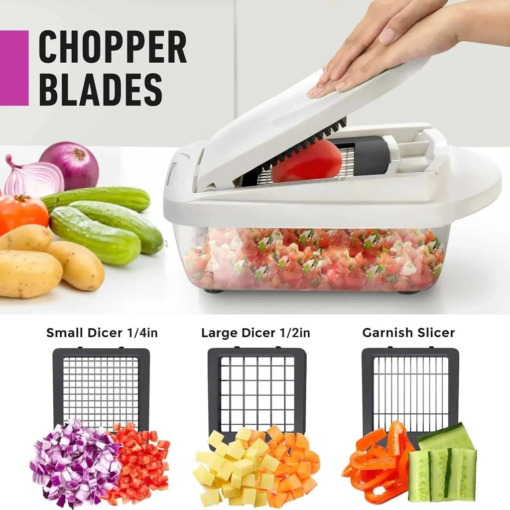 Vegetable Cutter | Dicing, Chopping and Grating | Collection Container & Safety Holder | VegiCut