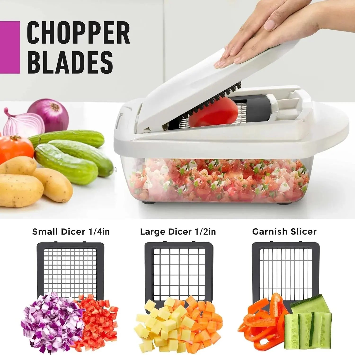 Vegetable Cutter | Dicing, Chopping and Grating | Collection Container & Safety Holder | VegiCut