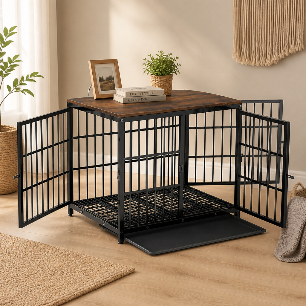Dog Crate | End Table with Wood Top | Removable Slide Tray & 3 Doors | Space-Saving