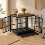 Dog Crate | End Table with Wood Top | Removable Slide Tray & 3 Doors | Space-Saving