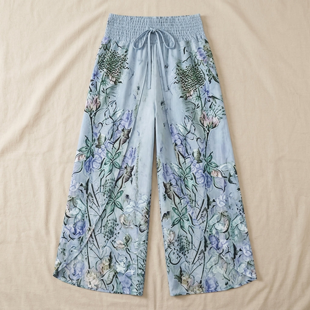 VeloraEase™ – Breezy Printed Wide-Leg Pants with Petal-Wrap Hem