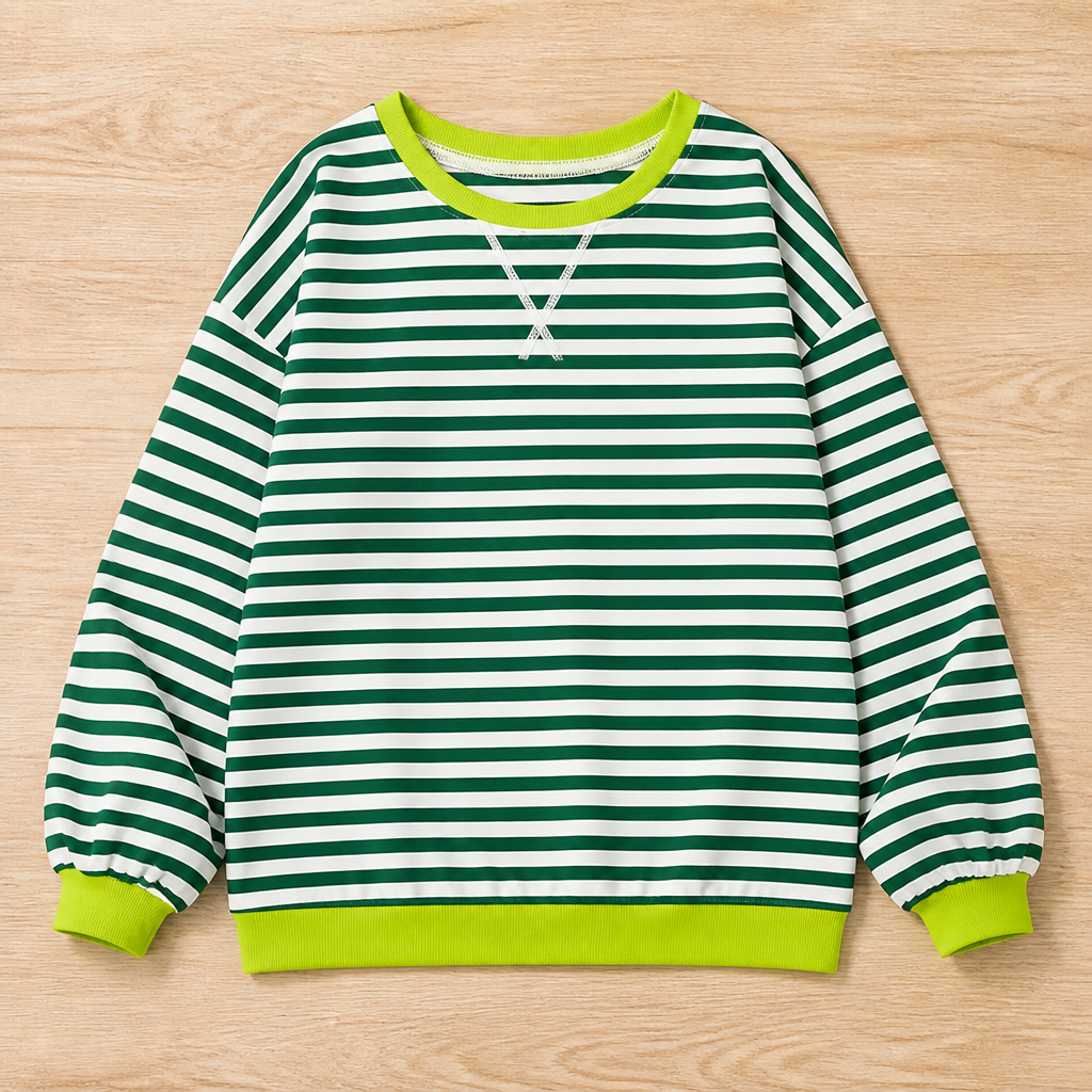 VeroLuxe™ – Relaxed Striped Crewneck Sweatshirt with Contrast Trim