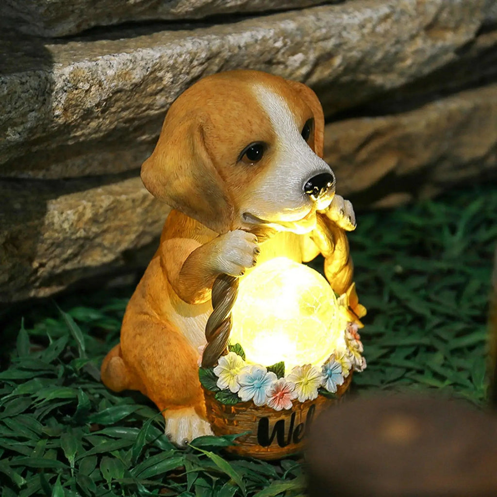 Solar-Powered Dog Sculpture with LED | Resin | Weather-Resistant Garden Ornament | Solo Dog