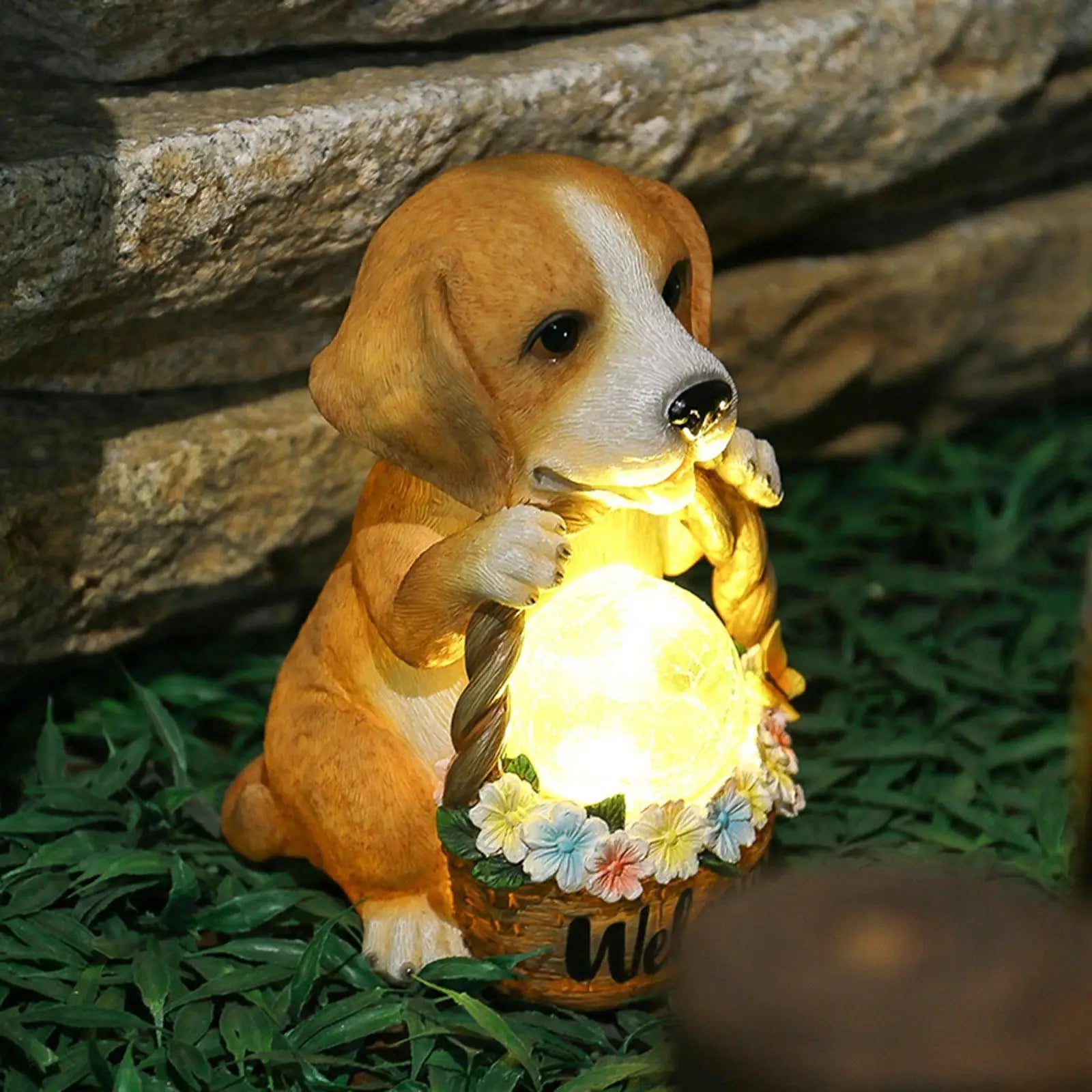 Solar-Powered Dog Sculpture with LED | Resin | Weather-Resistant Garden Ornament | Solo Dog