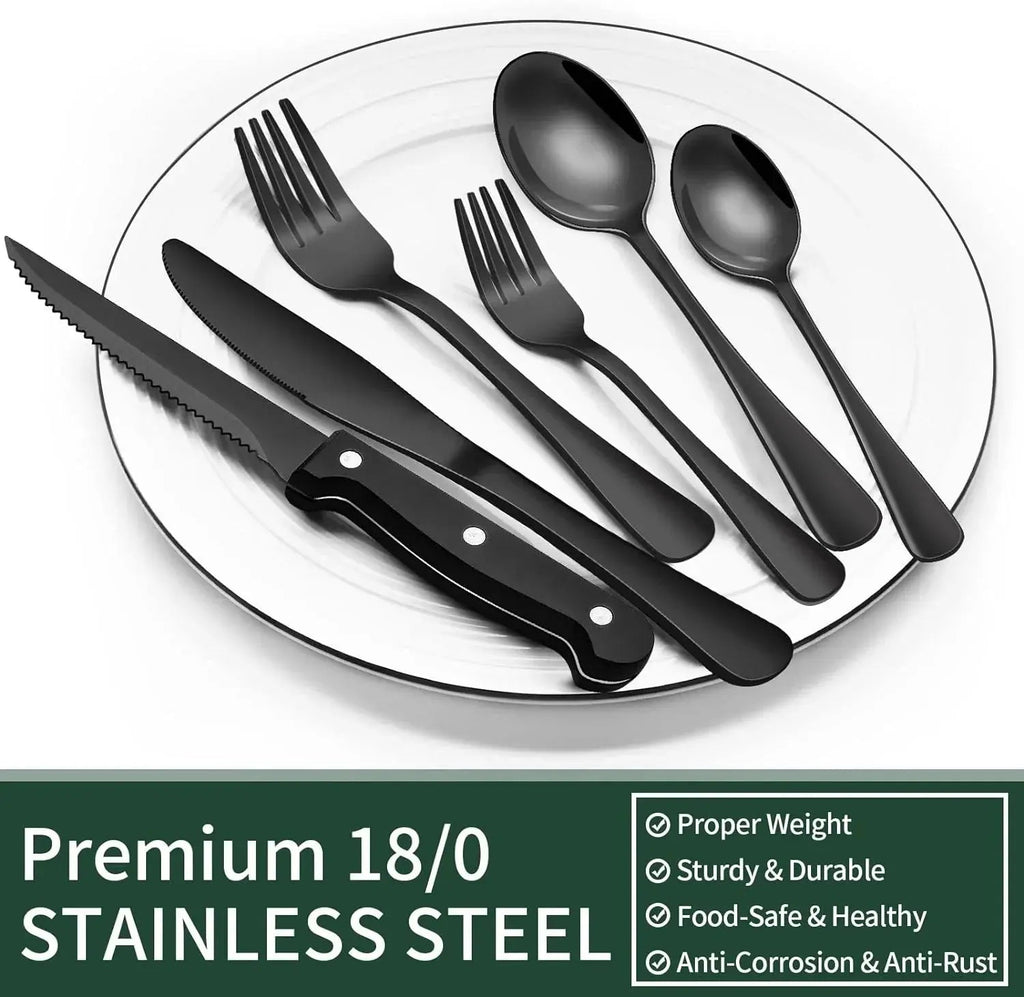 Cutlery Set | 24-Piece Matte Black Design | Includes Steak Knives | CutleryCraft