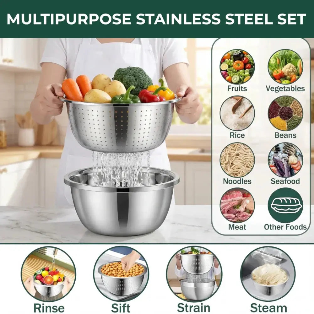 3-in-1 Mixing Bowl Set | Built-in Grid and Drain System | Stackable and Space-Saving | MultiPrep