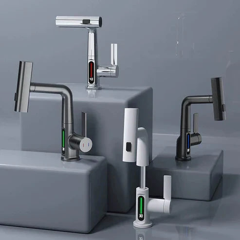 Pull-out Faucet 360° Rotation | LED Temp Display | 5 Spray Settings | Flowsense