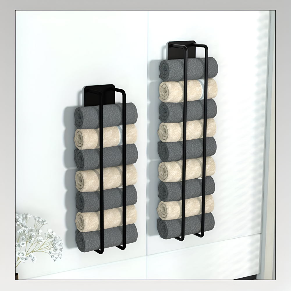 Towel Holder | Wall-Mounted Vertical Storage | Open Wire Basket | TowelStack