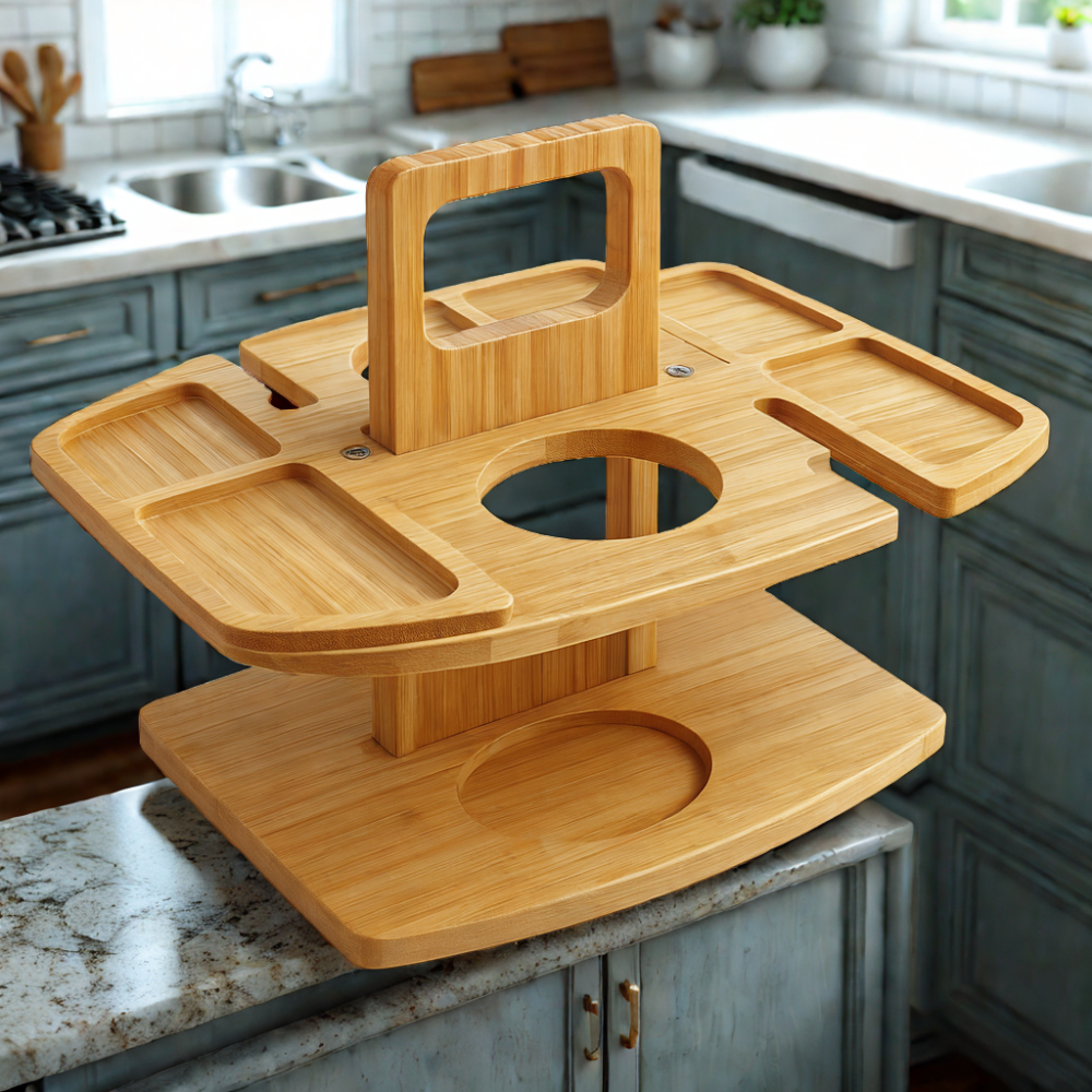 Wine Table Wooden Foldable | Snack Sections | Glass and Bottle Holders | Tray Table