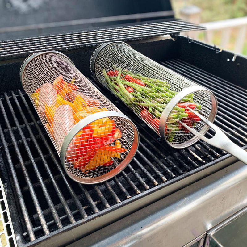 BBQ Grill Basket | 360° Rotatable | Stainless Steel & Dishwasher Safe | Twin Pack