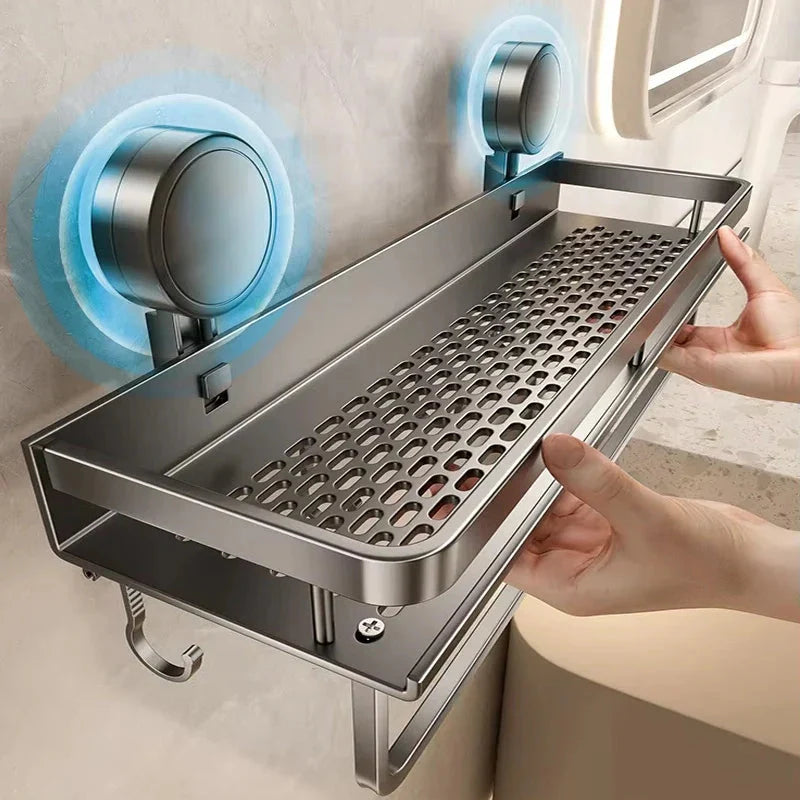 Bathroom Shelf | Drill-Free Suction Cup Mount | Aluminum Drip Tray & Hooks | Space-Saving