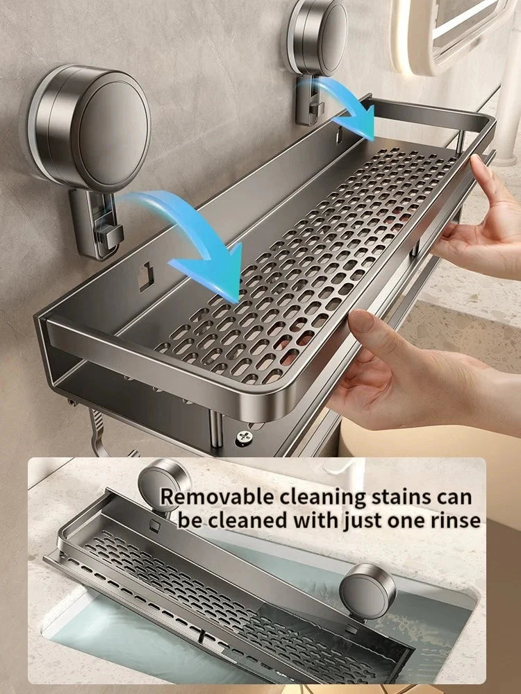 Bathroom Shelf | Drill-Free Suction Cup Mount | Aluminum Drip Tray & Hooks | Space-Saving