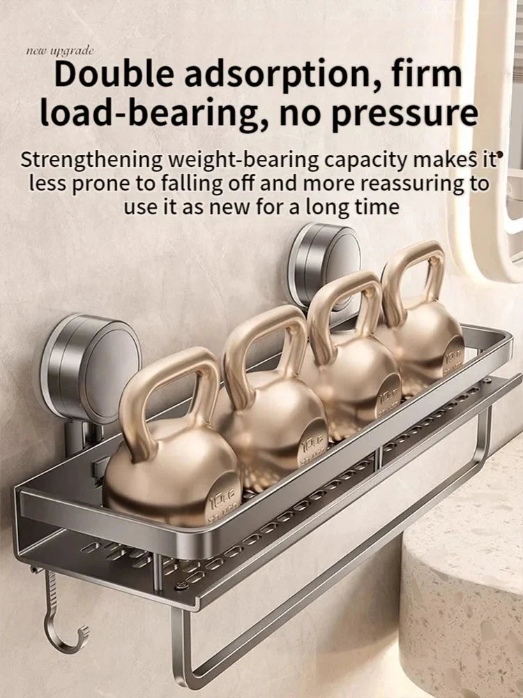 Bathroom Shelf | Drill-Free Suction Cup Mount | Aluminum Drip Tray & Hooks | Space-Saving