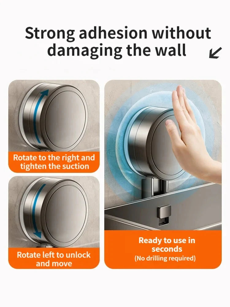 Bathroom Shelf | Drill-Free Suction Cup Mount | Aluminum Drip Tray & Hooks | Space-Saving