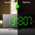Bedside Digital Alarm Clock | Curved LED Mirror Display | Automatic Day/Night Dimming