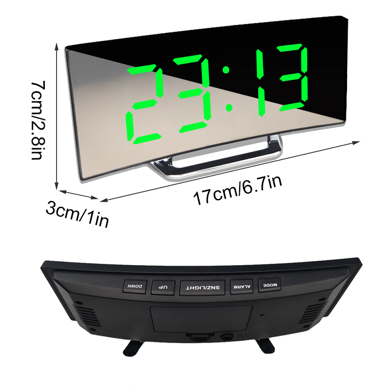 Bedside Digital Alarm Clock | Curved LED Mirror Display | Automatic Day/Night Dimming