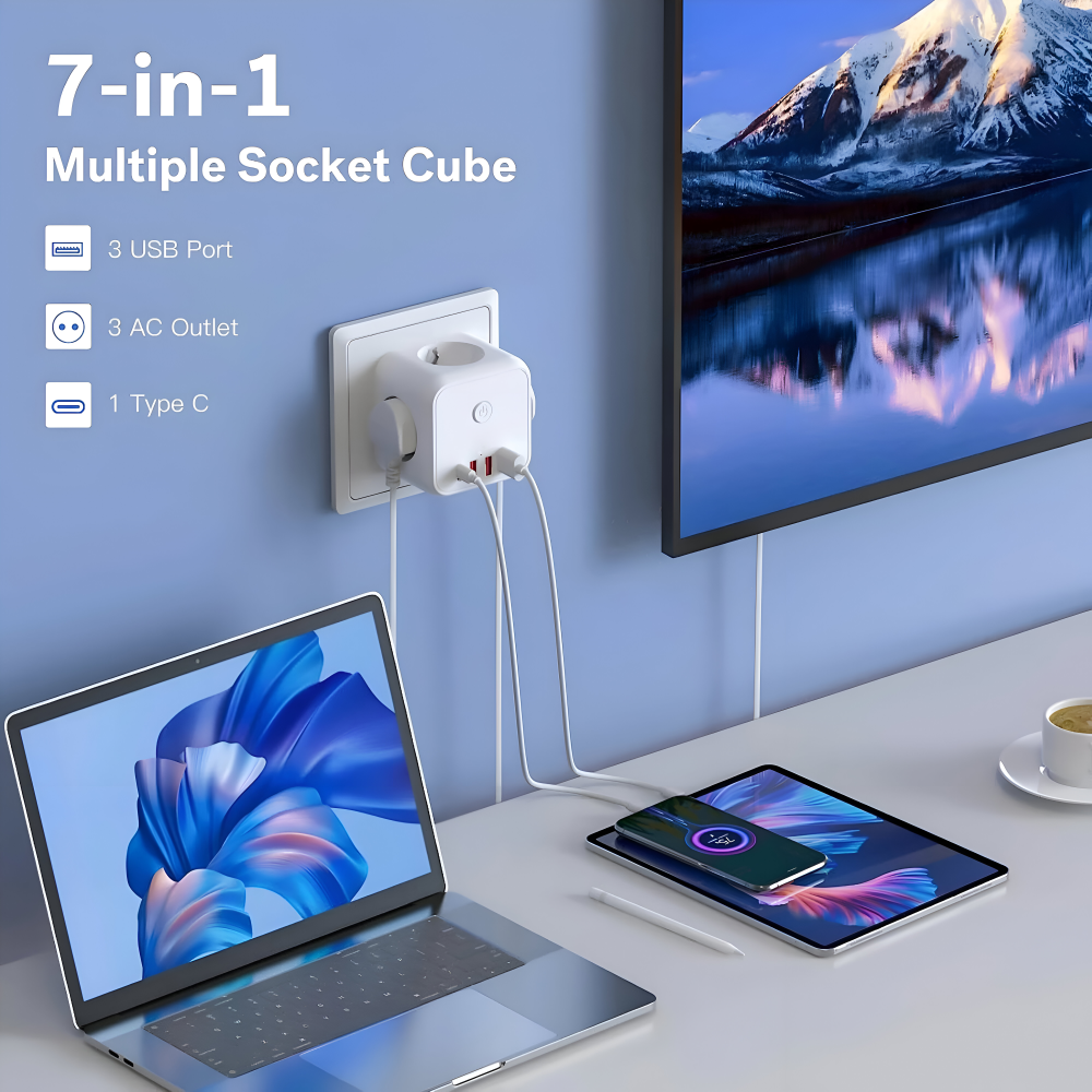 Cube Power Strip Adapter | Multi-Outlet USB-A & USB-C | Overload Protection & On/Off | Space-Saving