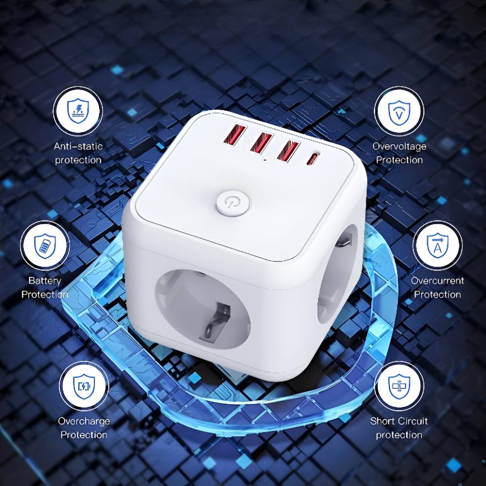 Cube Power Strip Adapter | Multi-Outlet USB-A & USB-C | Overload Protection & On/Off | Space-Saving