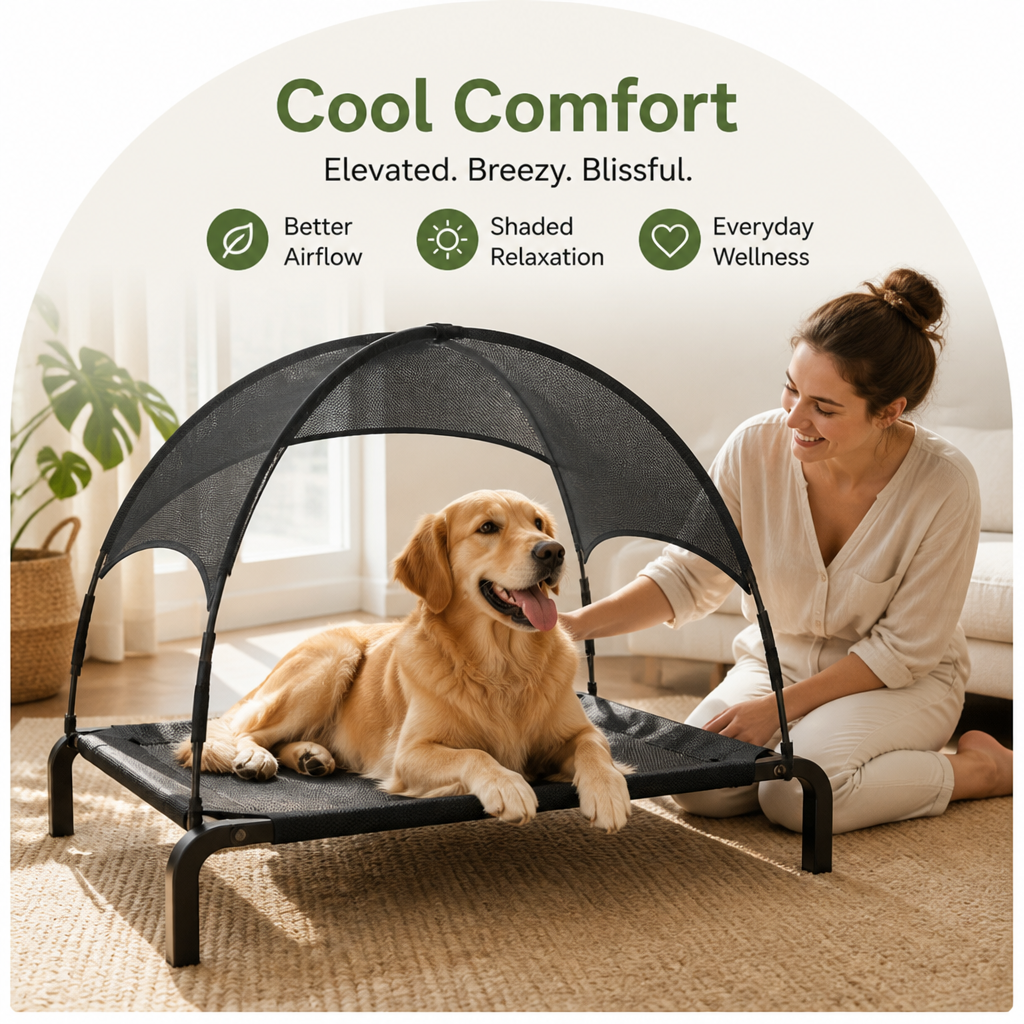 DogBedHouse Foldable Elevated Powder-Coated Steel Frame Dog Bed (Detachable Canopy)