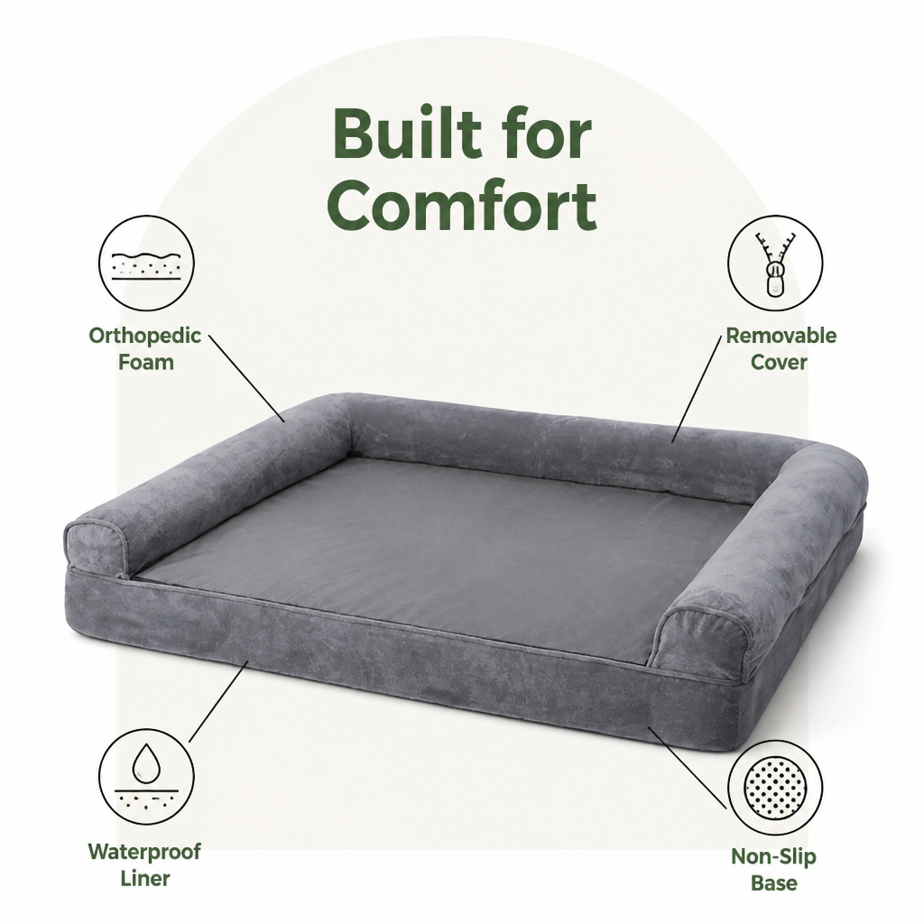 DogBedHouse Orthopedic Foam & Waterproof Bolster Dog Bed (Removable Cover)