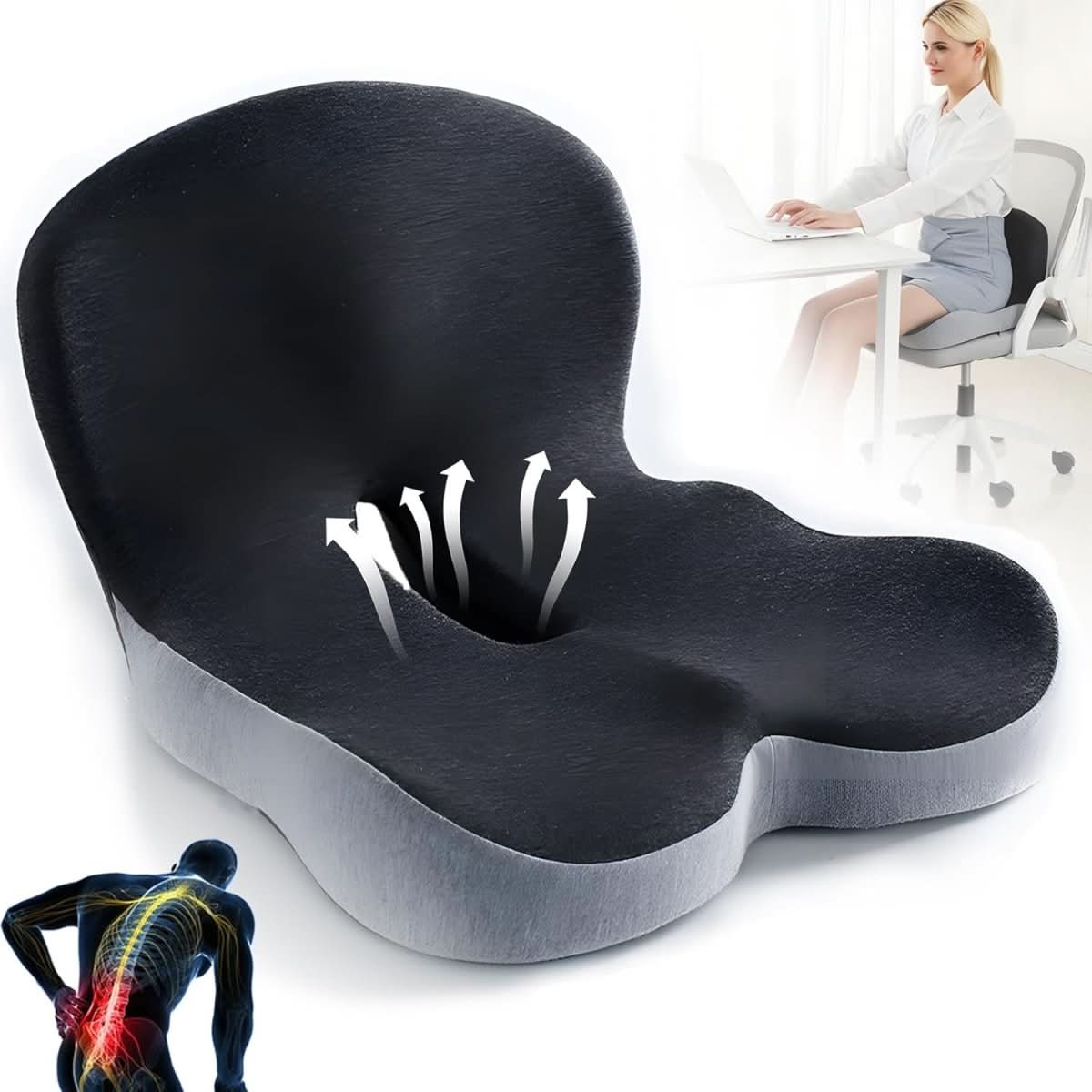Ergonomic Seat Cushion | Contoured Memory Foam | Non-Slip Bottom & Washable Cover