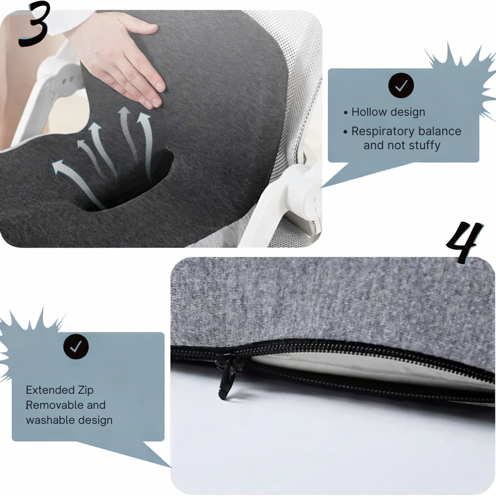 Ergonomic Seat Cushion | Contoured Memory Foam | Non-Slip Bottom & Washable Cover