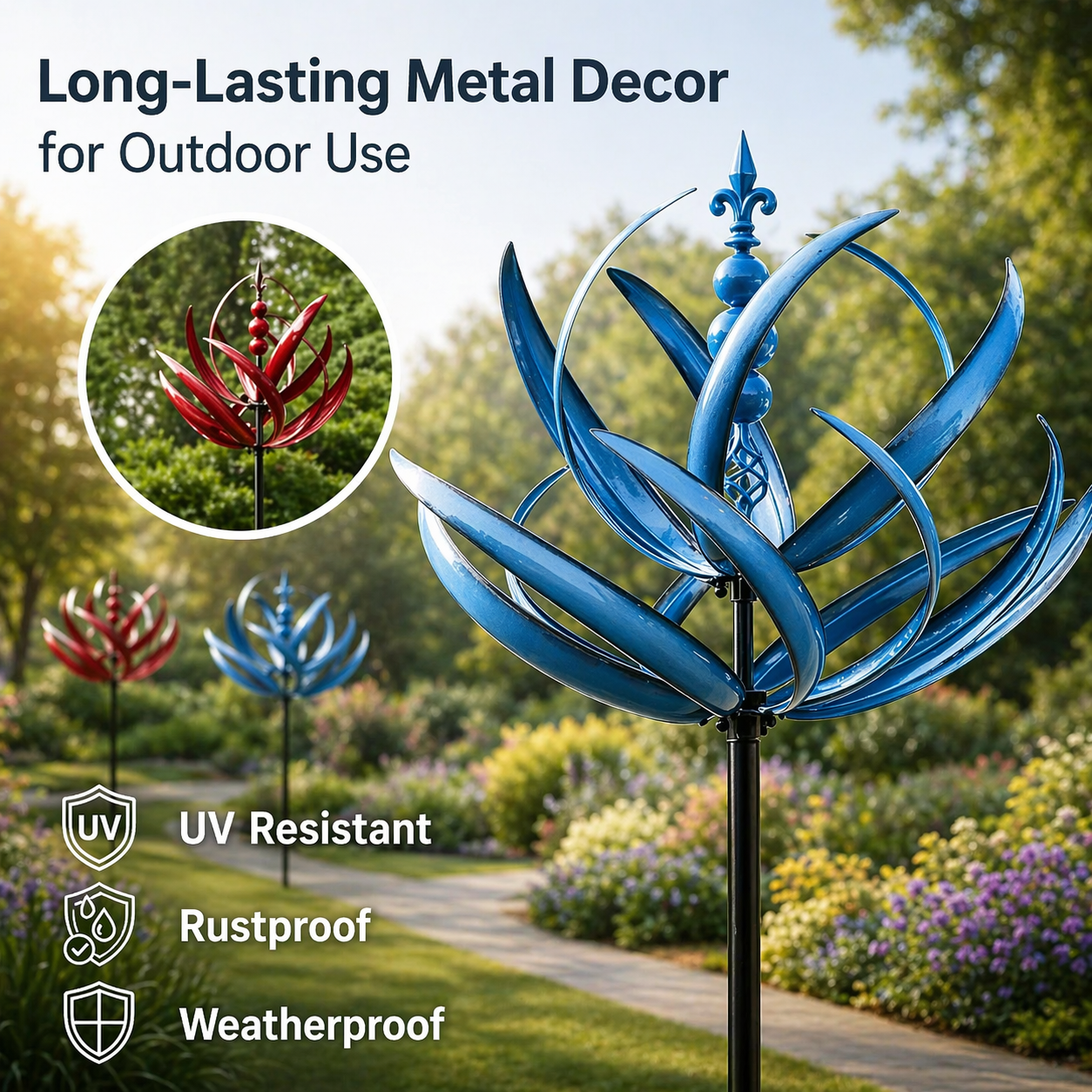 Garden Wind Spinner | Rotating Lotus Design | Rust-Resistant Metal & UV Coating | 90 cm Height