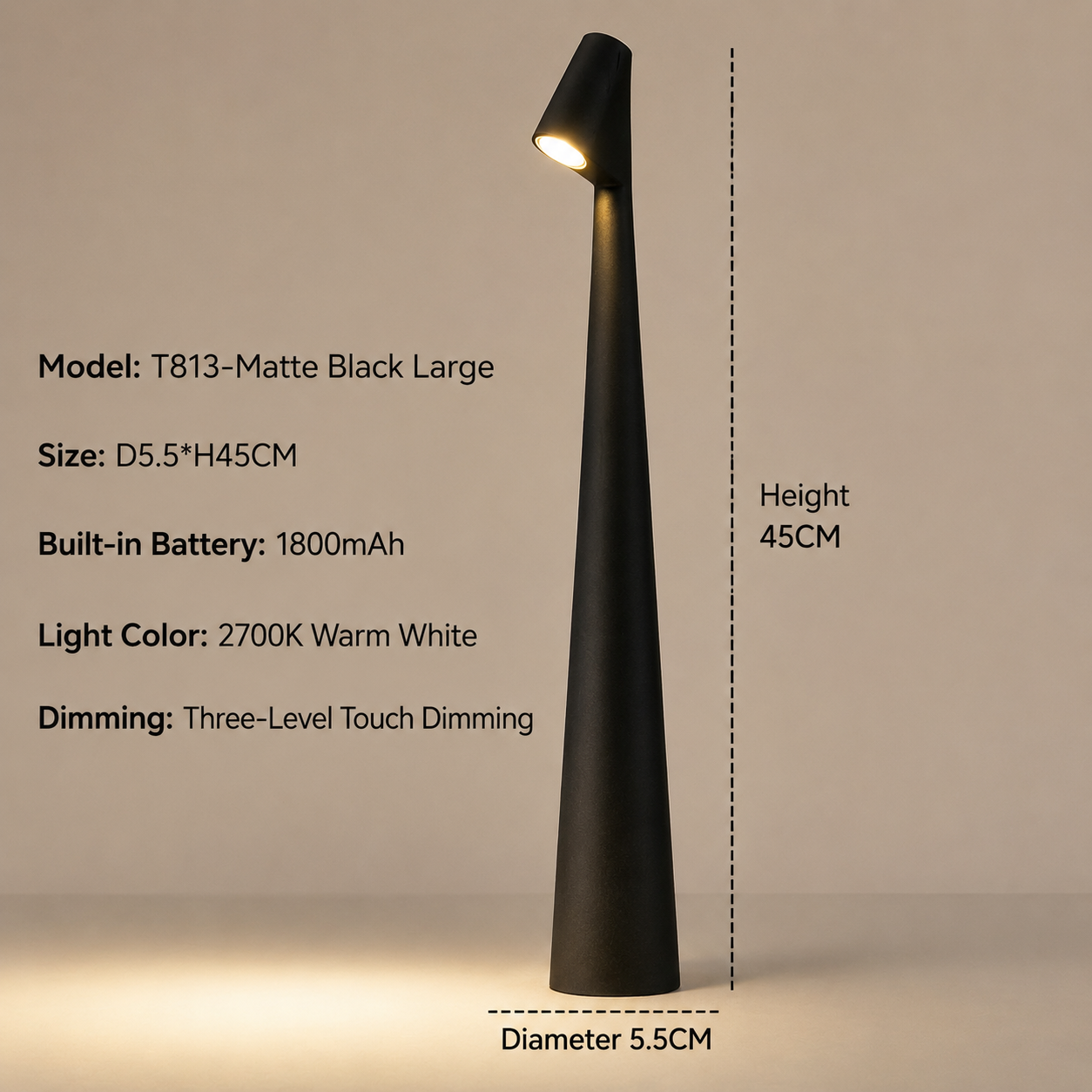 Indoor Table Lamp | Wireless Designer LED | 3-Stage Touch Dimming | USB Rechargeable