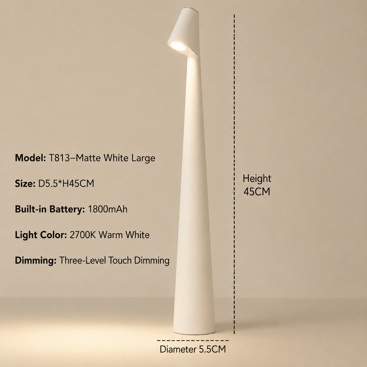 Indoor Table Lamp | Wireless Designer LED | 3-Stage Touch Dimming | USB Rechargeable