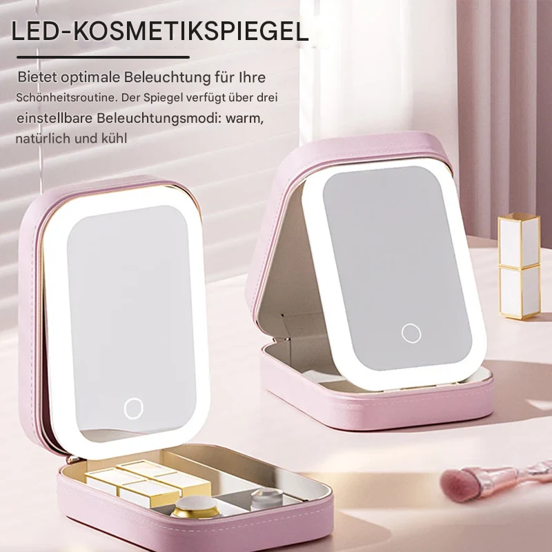 LED Makeup Mirror Case | 3 Light Modes & Touch Control | Organizer & USB Rechargeable Travel Case
