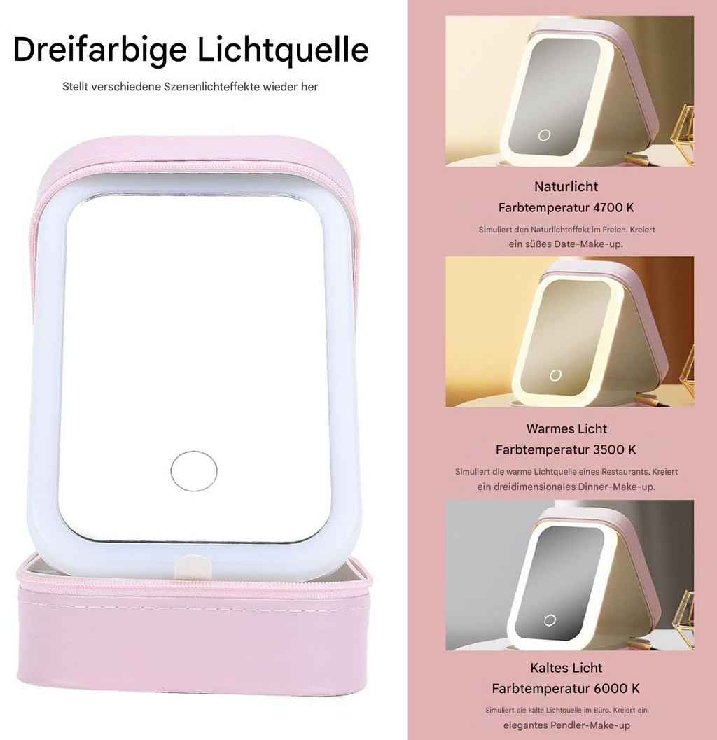 LED Makeup Mirror Case | 3 Light Modes & Touch Control | Organizer & USB Rechargeable Travel Case