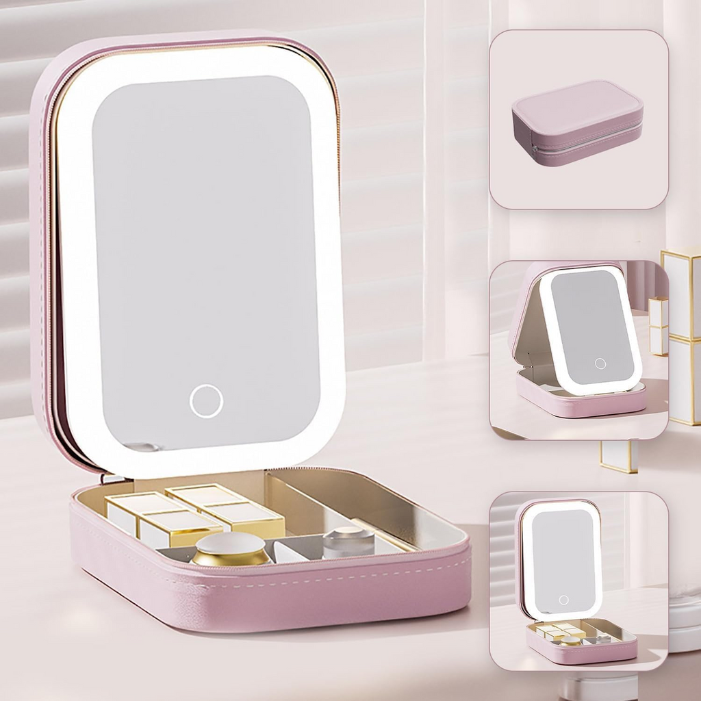 LED Makeup Mirror Case | 3 Light Modes & Touch Control | Organizer & USB Rechargeable Travel Case