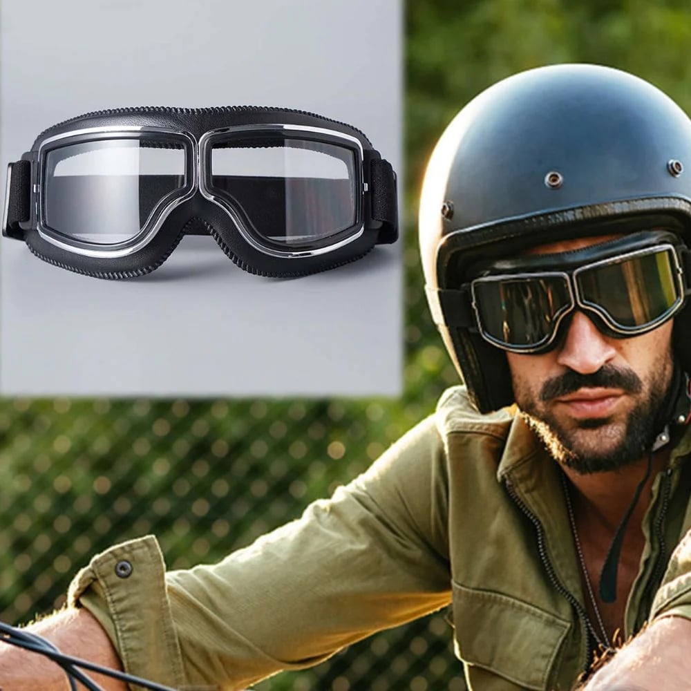 Motorcycle Goggles | Retro Style & UV Protection | Impact-Resistant Lens & Adjustable Strap