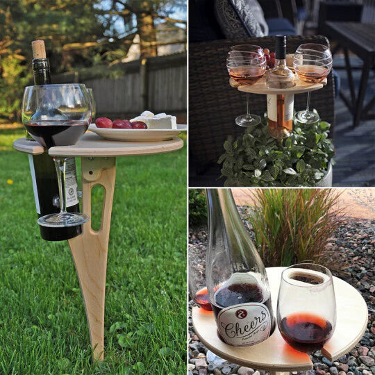 Picnic Wine Table | Foldable Stable Stand | Bottle & Glass Holders | Portable Outdoor Use